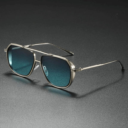 Anteojos de sol Mykonos Navigator, armazón plateado angular, lentes azul oscuro, estilo retro para adultos, protección UV400.