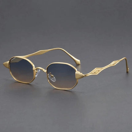 Anteojos de sol octogonales oro, lentes blue tint, protección UV400, patillas metálicas, diseño futurista para jóvenes audaces.