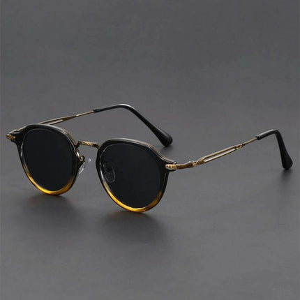 Anteojos de sol retro Helios, lentes redondos negro y dorado, patillas metálicas, para adultos, protección UV400