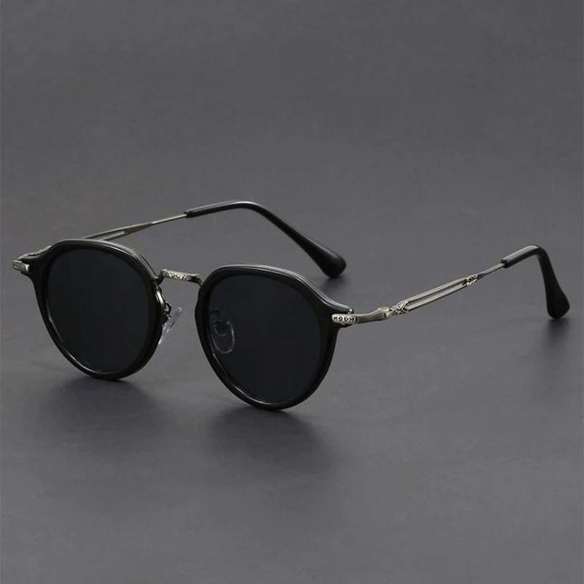 Anteojos de sol retro Helios, metal y negro, estilo vintage, lentes redondos, para fashionistas, protección UV400.