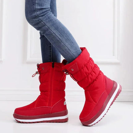 Botas rojas impermeables de piel sintética para mujer, ideales para la nieve.