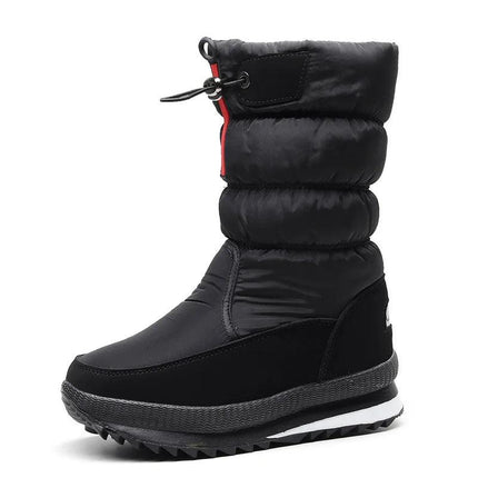 Bota de nieve negra de piel sintética impermeable para mujer, ideal para invierno, diseño moderno y cálido.