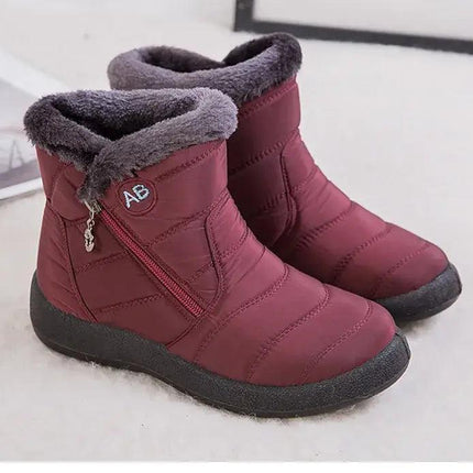 Bota impermeable chic mujer, felpa interior, color burdeos, diseño moderno y seguro para invierno, tacón bajo.