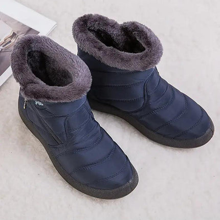 Bota impermeable azul con interior de felpa gris para mujer, diseño elegante, invierno, tacón bajo.