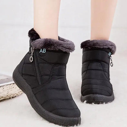 Bota impermeable negra de mujer, abrigada con felpa, diseño chic, baja, ideal para invierno, suela antideslizante.