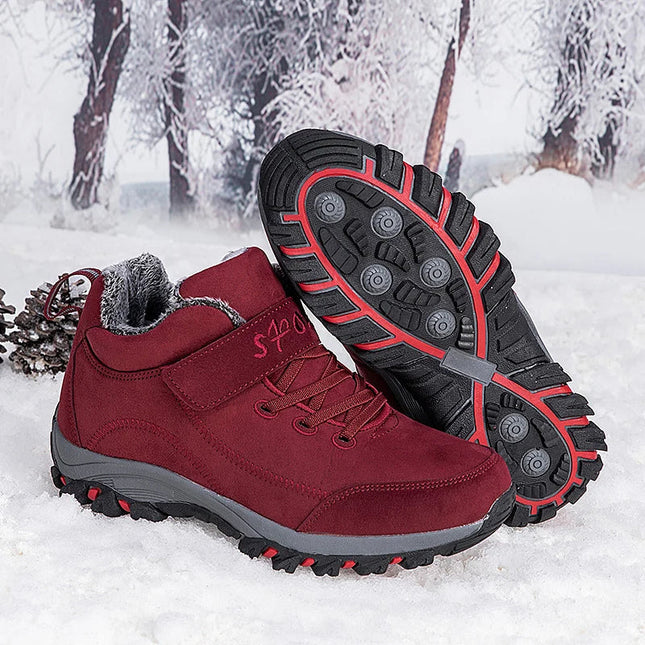 Botas de invierno para mujeres, color bordó, con suela antideslizante y forro cálido, ideales para nieve.