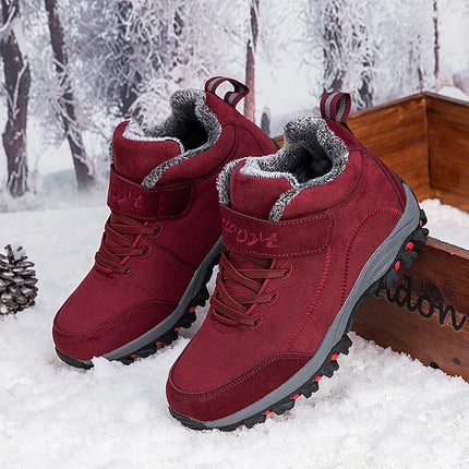 Botas de invierno para mujer de gamuza color burdeos, con forro de lana sintética, ideales para el frío.
