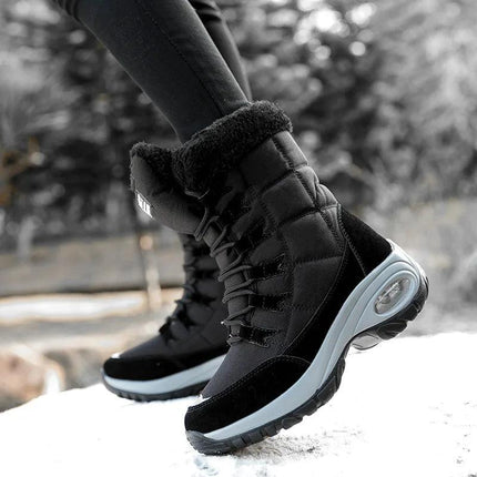 Botas de invierno negras para mujer, de cuero sintético y felpa, diseñadas para climas fríos, elegantes y cómodas.