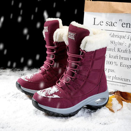 Botas de invierno para mujer de alta calidad, color burdeos con forro de piel sintética blanca, ideales para el frío.