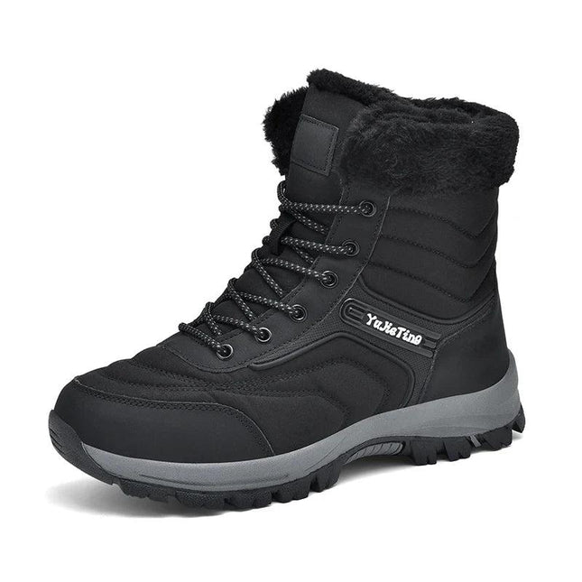 Bota de senderismo para hombre, negra, cálida, con forro de felpa y suela resistente, ideal para trekking en invierno.
