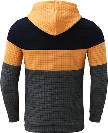 Buzo Melbourne para hombre color naranja, negro y gris, con capucha ajustable, estilo casual y tejido suave.