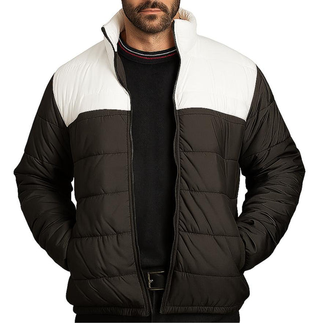 Campera acolchada bicolor para hombre, diseño moderno negro y blanco con cuello alto, ideal para estilo urbano