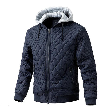 Campera puffer azul para hombres, relleno de algodón, con capucha gris, cierres delanteros y bolsillos, estilo moderno.