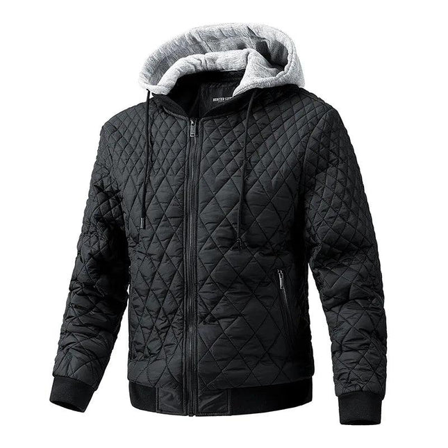 Campera puffer negra acolchada, relleno de algodón, para hombres, con cierre frontal y capucha gris, diseño moderno.