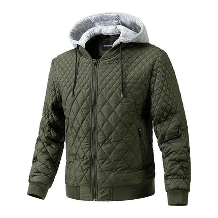 Campera Alpen verde para hombre con capucha gris, relleno de algodón y cierre frontal, ideal para el frío.