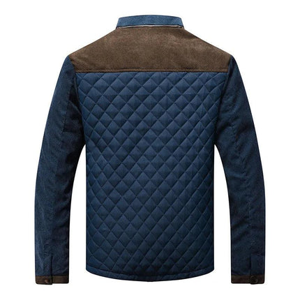 Campera azul oscuro de algodón grueso para hombre, diseño acolchado con refuerzos marrones, ideal para el invierno.