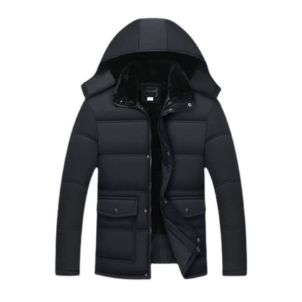 Campera negra de invierno con capucha, acolchada, para hombres, ideal para días fríos y elegantes. Material resistente y moderno.