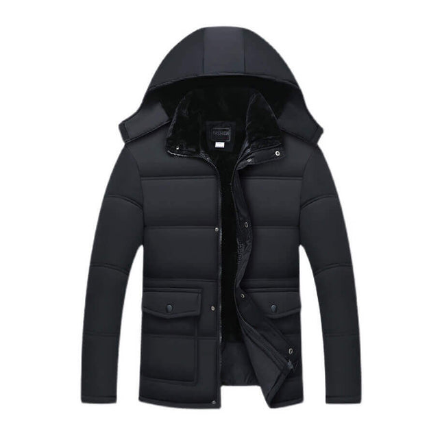 Campera negra de invierno con capucha, acolchada, para hombres, ideal para días fríos y elegantes. Material resistente y moderno.