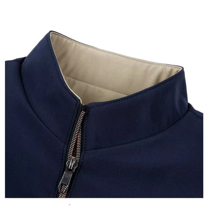 Campera Bomber Boulevard azul para adultos, cierre frontal, cuello alto, interior beige, ideal para moda urbana.