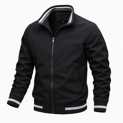 Campera Bomber OutdoorPro negra impermeable para hombres, resistente al viento, cuello alto y cremallera completa.