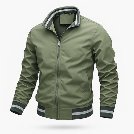 Campera Bomber OutdoorPro impermeable verde, diseño versátil para hombres, cuello alto, ideal para lluvia y viento.