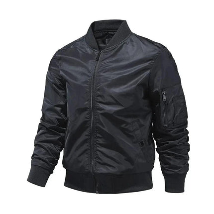 Campera bomber negra de hombre, material sintético, estilo casual, ideal para otoño e invierno.