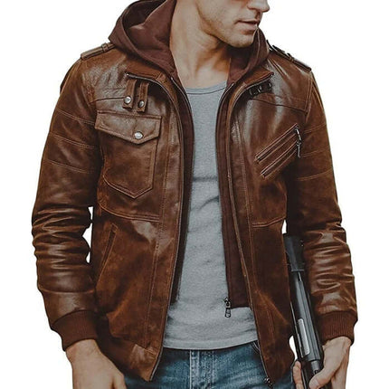 Campera Brent de cuero masculina marrón con capucha para un look sofisticado y duradero, oferta 15% OFF.