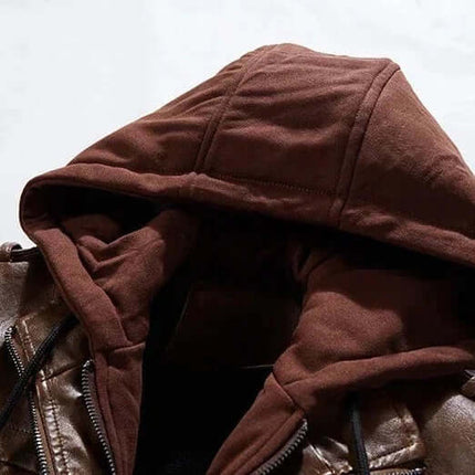 Campera de cuero masculina marrón con capucha, diseño premium y elegancia sofisticada para el hombre moderno.
