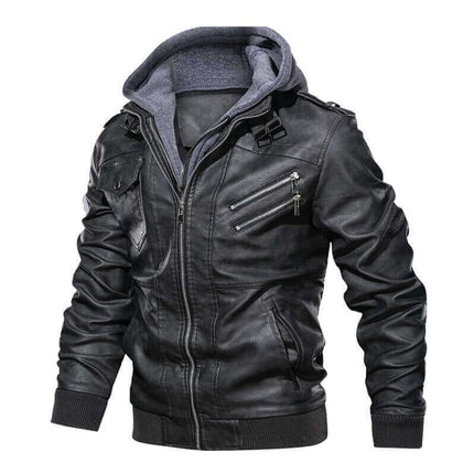 Campera Brent masculina de cuero negro con capucha para hombre, diseño premium y costuras elegantes