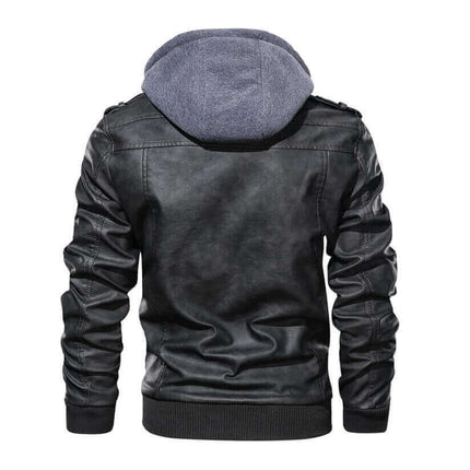 Campera Brent de cuero negro masculina con capucha gris, diseño premium y costuras elegantes, ofertada hoy 15% OFF.