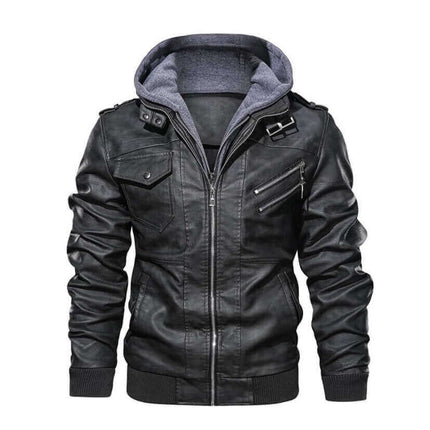 Campera de cuero negra para hombre con capucha, diseño premium y costuras elegantes, estilo sofisticado y duradero.