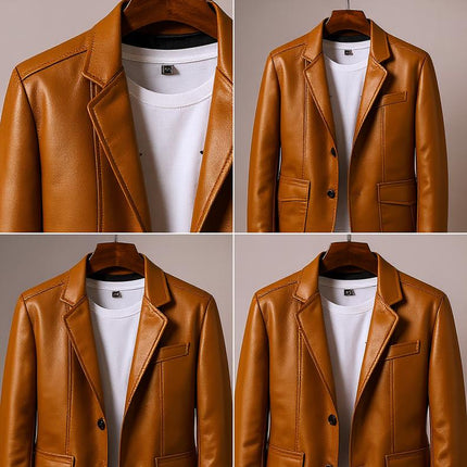 Campera de cuero marrón para hombre, estilo slim, corte ajustado y bolsillos dobles, 15% de descuento hoy.
