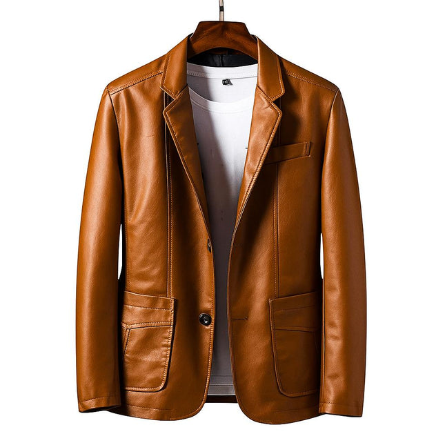 Campera de cuero marrón para hombre, estilo slim fit, con doble bolsillo y corte clásico, elegante y sofisticada.
