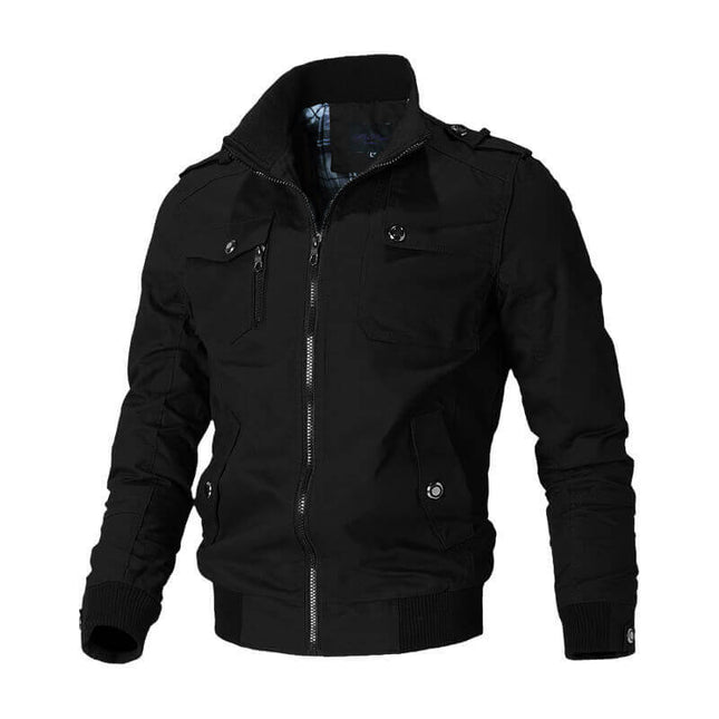 Campera casual Marshall negra de algodón para hombres, con cierre frontal y bolsillos, estilo urbano argentino.