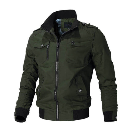 Campera casual Marshall, verde oliva, cierre frontal, botón de ajuste, ideal para hombres, estilo urbano.