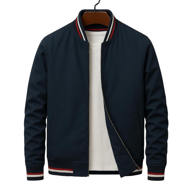 Campera Casual Premium Madrid azul para hombres, nylon impermeable y resistente, cuello con rayas, bolsillos y cierre completo.