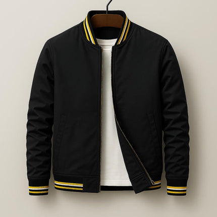 Campera Casual Premium Madrid, negra, nylon y poliéster, cuello rayado, para hombres elegantes.
