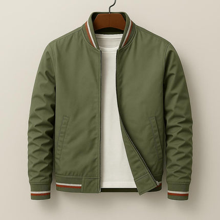 Campera casual verde para hombre, nylon y poliéster, cuello rayado, bolsillos dobles, cierre cremallera.