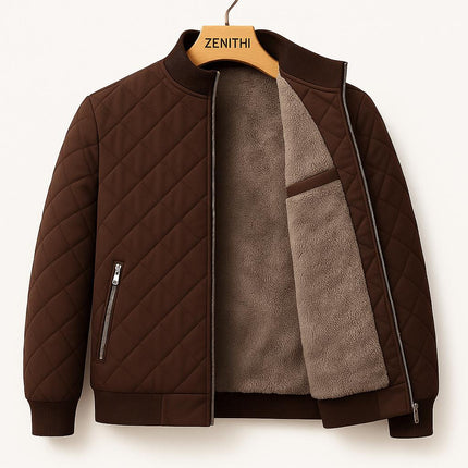 Campera casual marrón para hombres, poliéster acolchado, interior de micropolar, abrigo cálido y ligero.