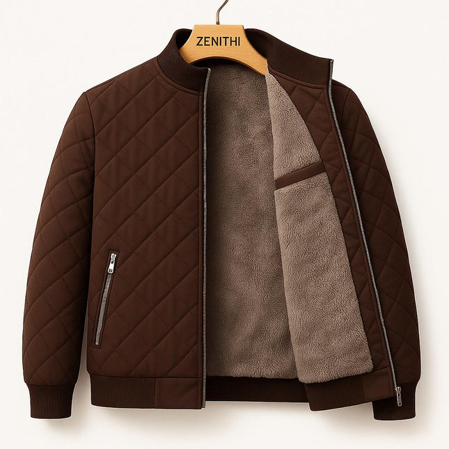 Campera casual marrón para hombres, poliéster acolchado, interior de micropolar, abrigo cálido y ligero.