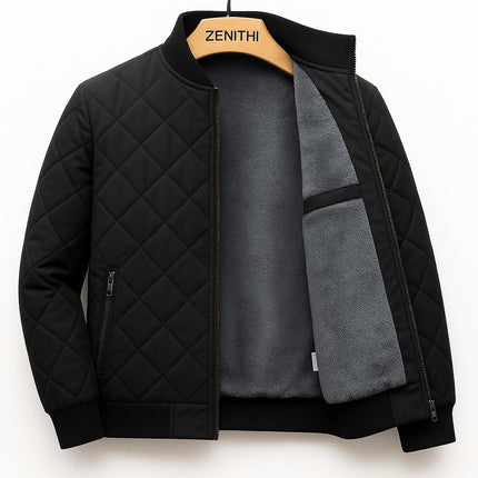 Campera casual de poliéster negro, forro gris de microfibra, acolchada, resistente al viento, para hombre.