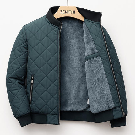 Campera casual para adultos, poliéster alta densidad verde, forro polar gris, estilo acolchado, invierno, cálida.