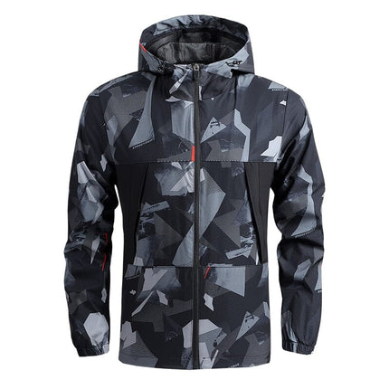 Campera corta rompeviento hombre, diseño camuflado, material ligero, color negro y gris, ideal uso urbano y exterior.