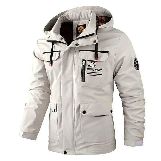 Campera cortavientos blanca con capucha para hombre, impermeable, elegante y moderna para días lluviosos.