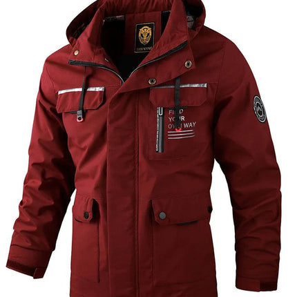 Campera cortavientos impermeable para hombre, color rojo, con capucha, ideal para protección contra la lluvia.