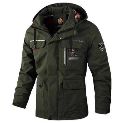 Campera cortavientos verde oscuro para hombre, impermeable, con capucha. Ideal para protección contra el viento y lluvia.