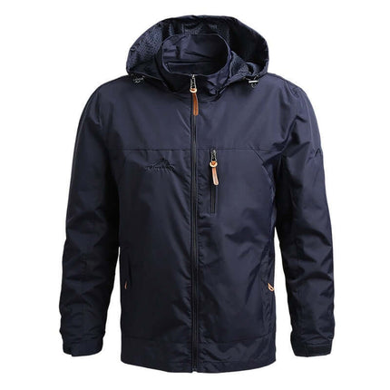 Campera cortavientos militar impermeable azul para hombres, diseñada para protección en exteriores.