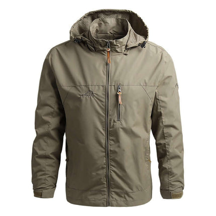 Campera cortavientos militar impermeable color caqui para hombres, ideal para actividades al aire libre.
