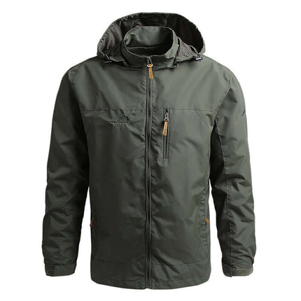 Campera cortavientos militar impermeable para hombres, color verde, con capucha y bolsillos, ideal para exteriores.