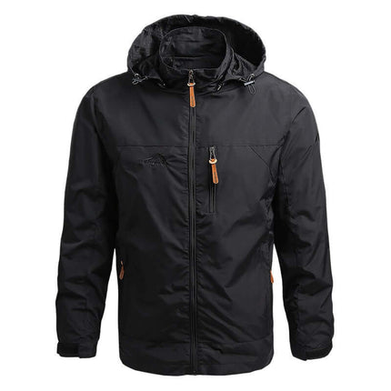Campera cortavientos militar negra impermeable para hombres, material resistente y diseño funcional con capucha.